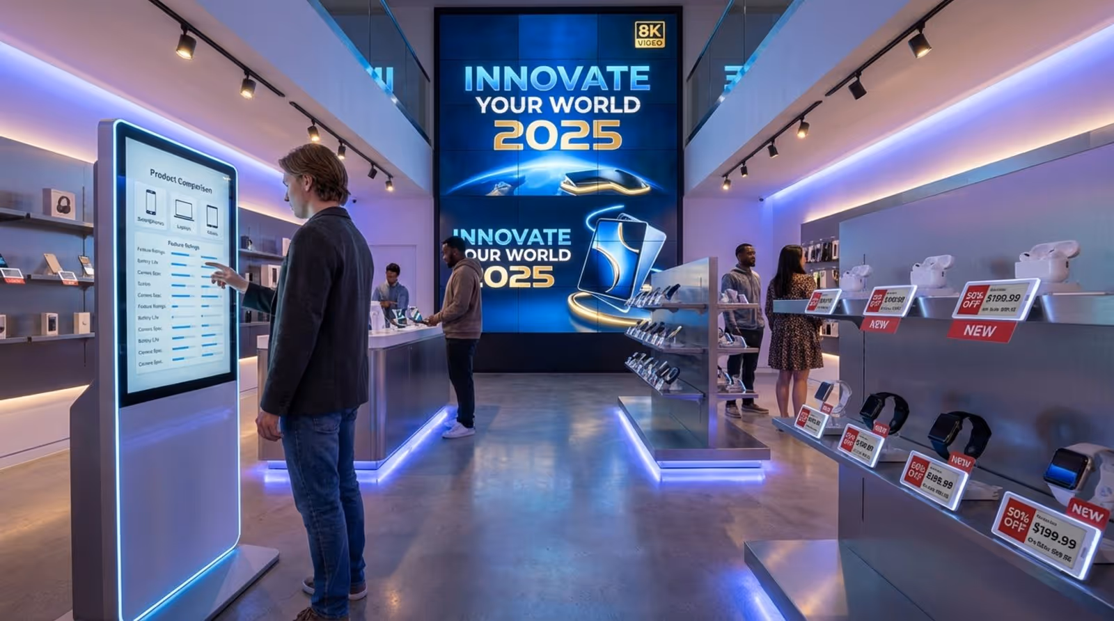 A modern electronics store with various digital signage displays, including a touchscreen kiosk, a large video wall, and shelf-edge screens showing product information.