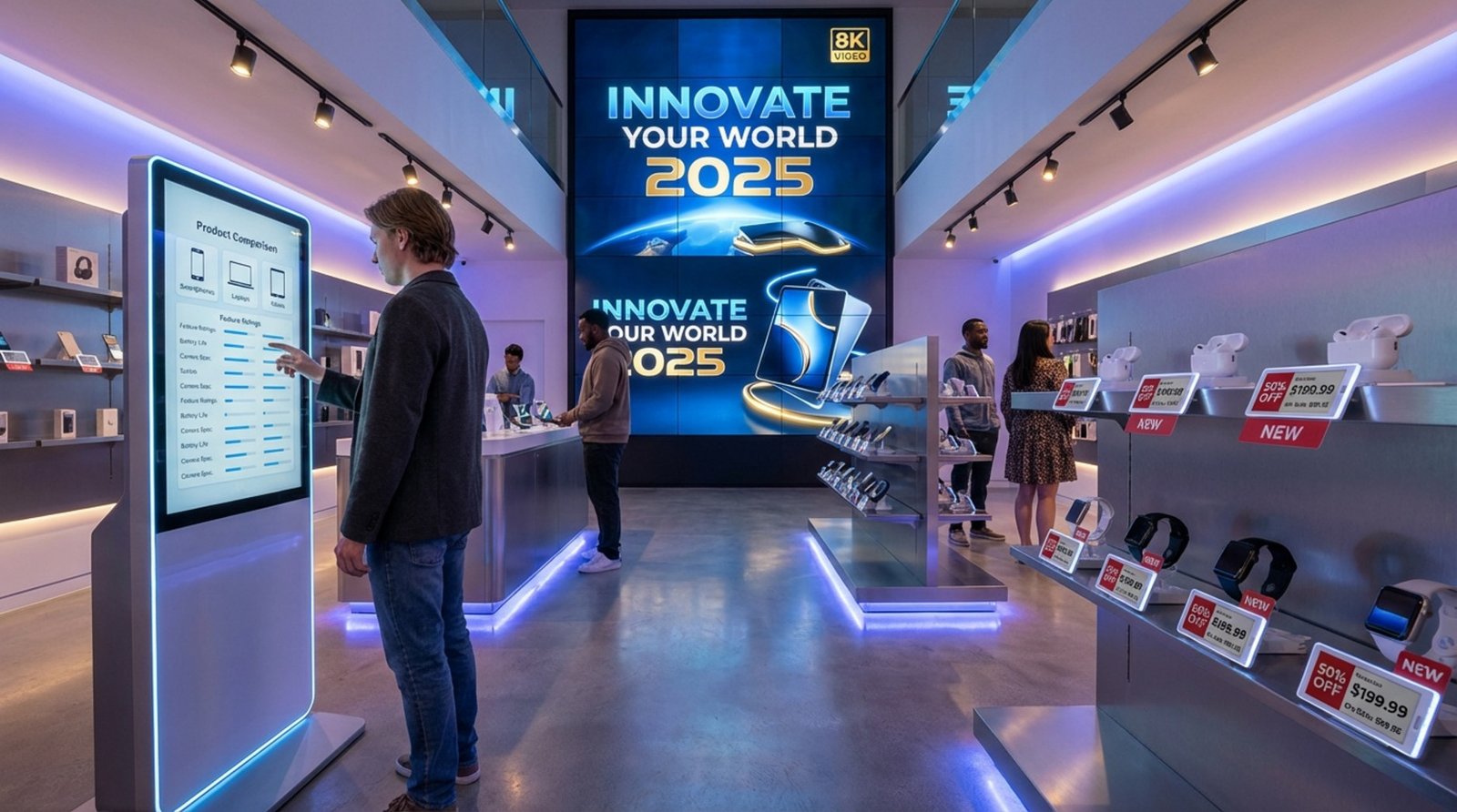 A modern electronics store with various digital signage displays, including a touchscreen kiosk, a large video wall, and shelf-edge screens showing product information.