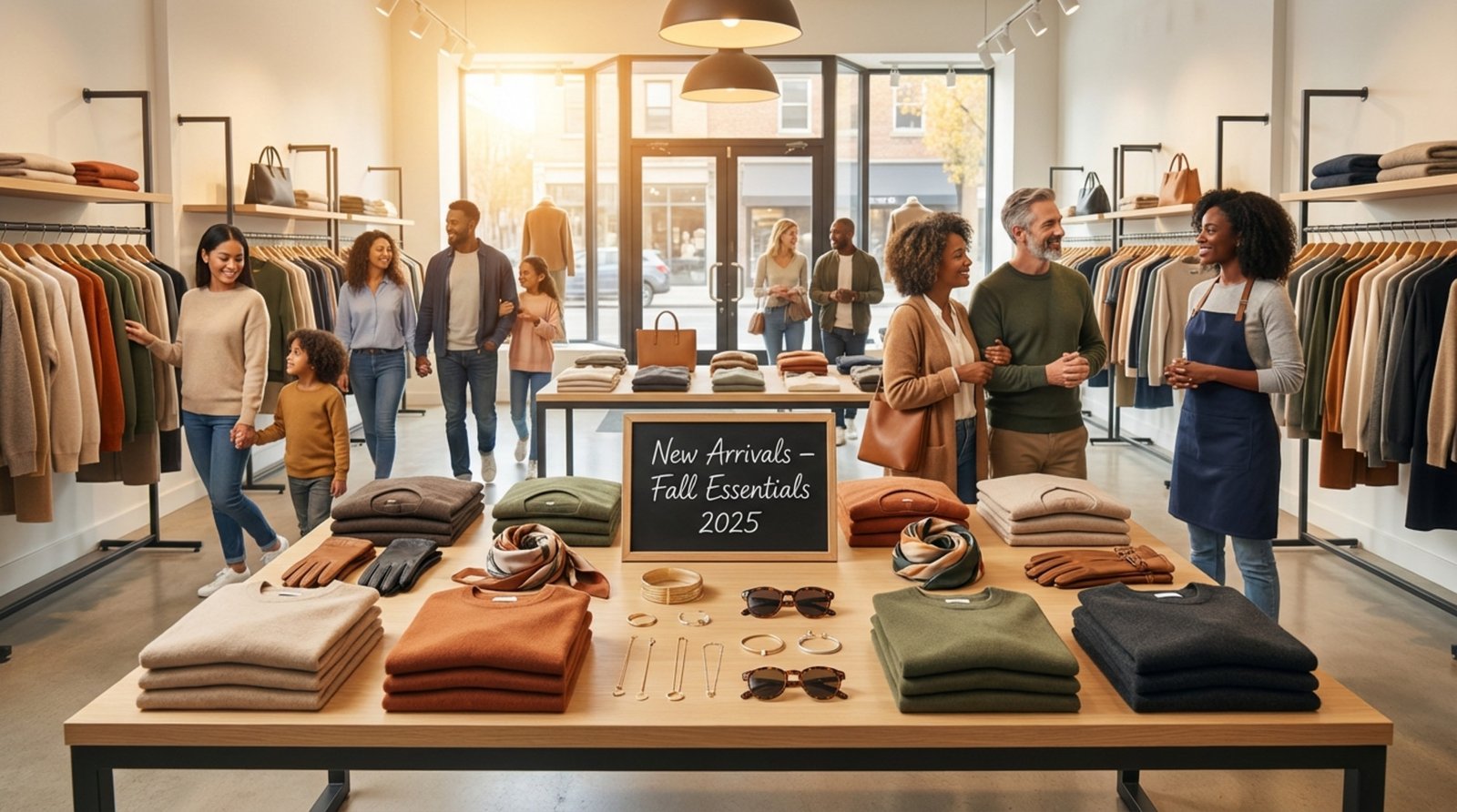 A bright modern clothing store with a well-arranged display table and happy shoppers browsing the racks.