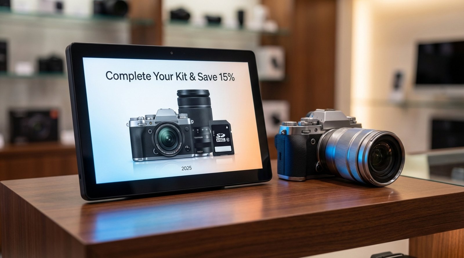 Close-up of a digital screen displaying a camera bundle deal next to a high-end camera in a retail store.