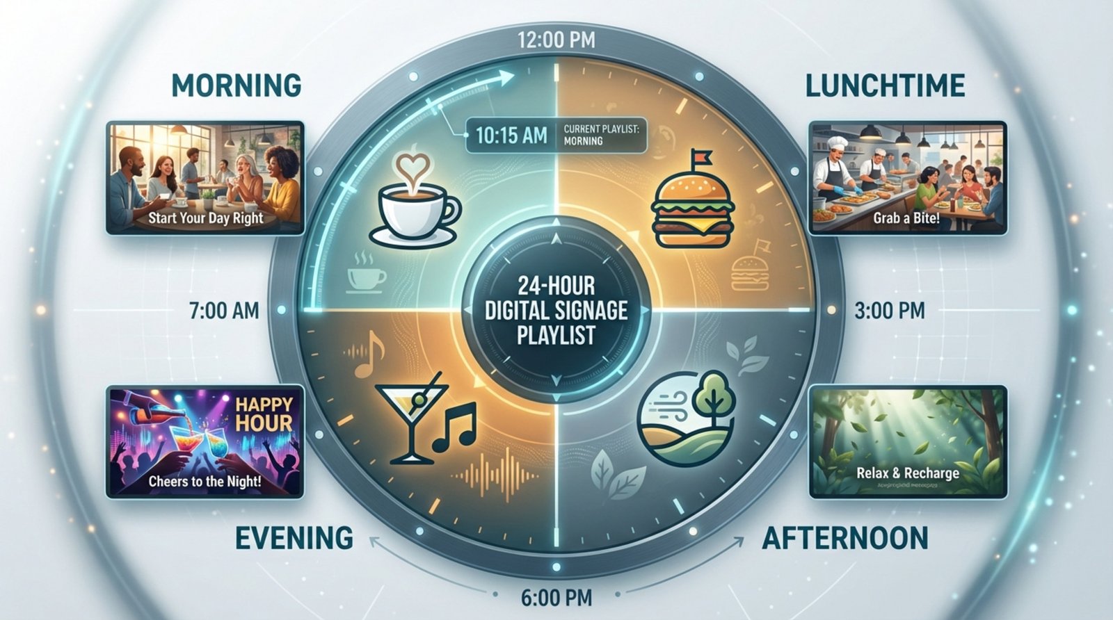 An infographic illustrating a 24-hour timeline for a digital signage schedule with icons representing different times of day and scheduled content previews.