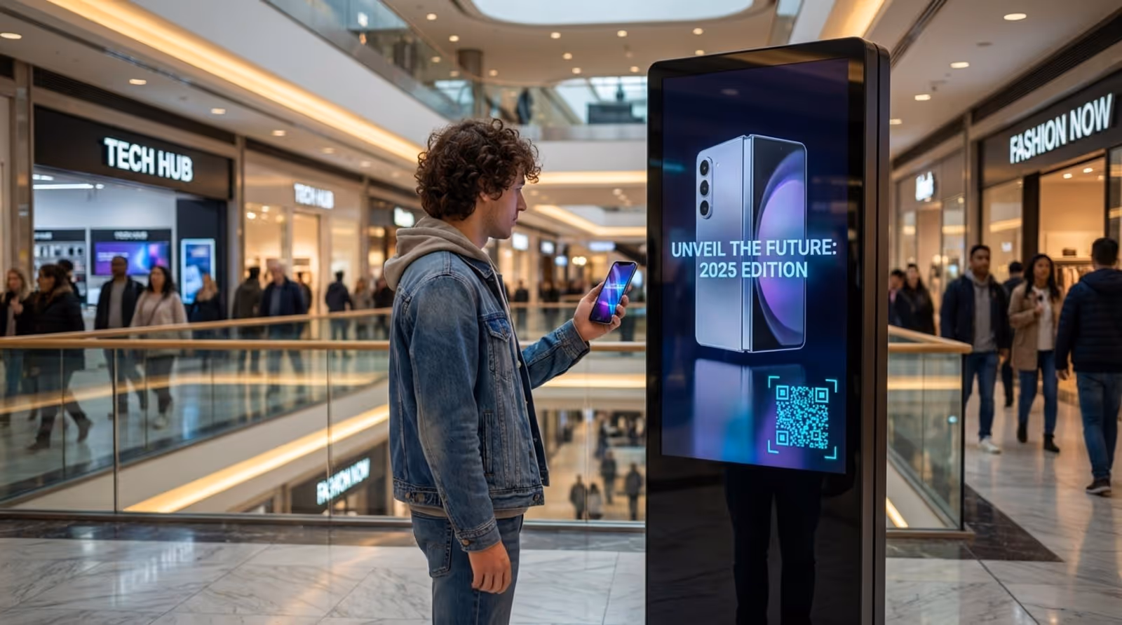 A person interacts with a digital signage screen in a mall by scanning a QR code with their smartphone.