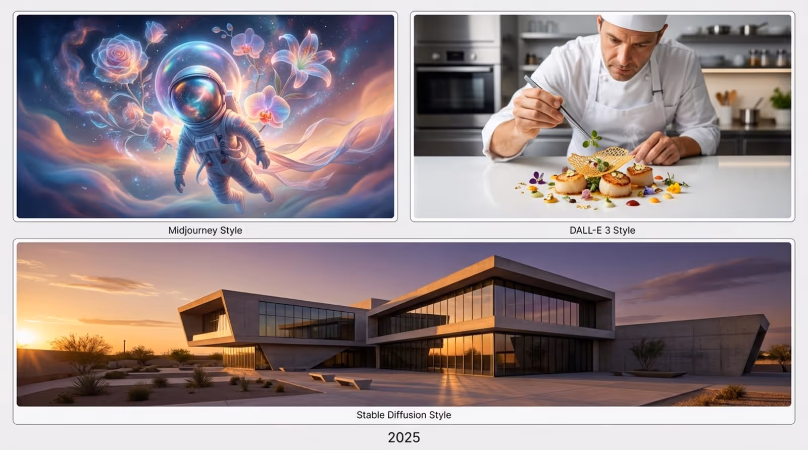 Collage displaying three distinct AI image styles: surreal astronaut in a flower nebula, hyper-realistic chef in a kitchen, and realistic modern building at sunset.