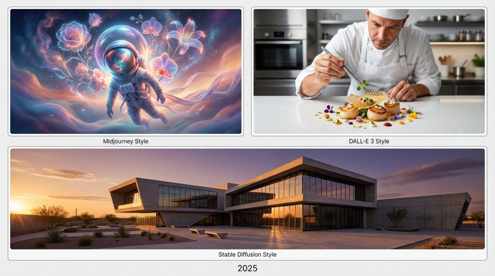 Collage displaying three distinct AI image styles: surreal astronaut in a flower nebula, hyper-realistic chef in a kitchen, and realistic modern building at sunset.