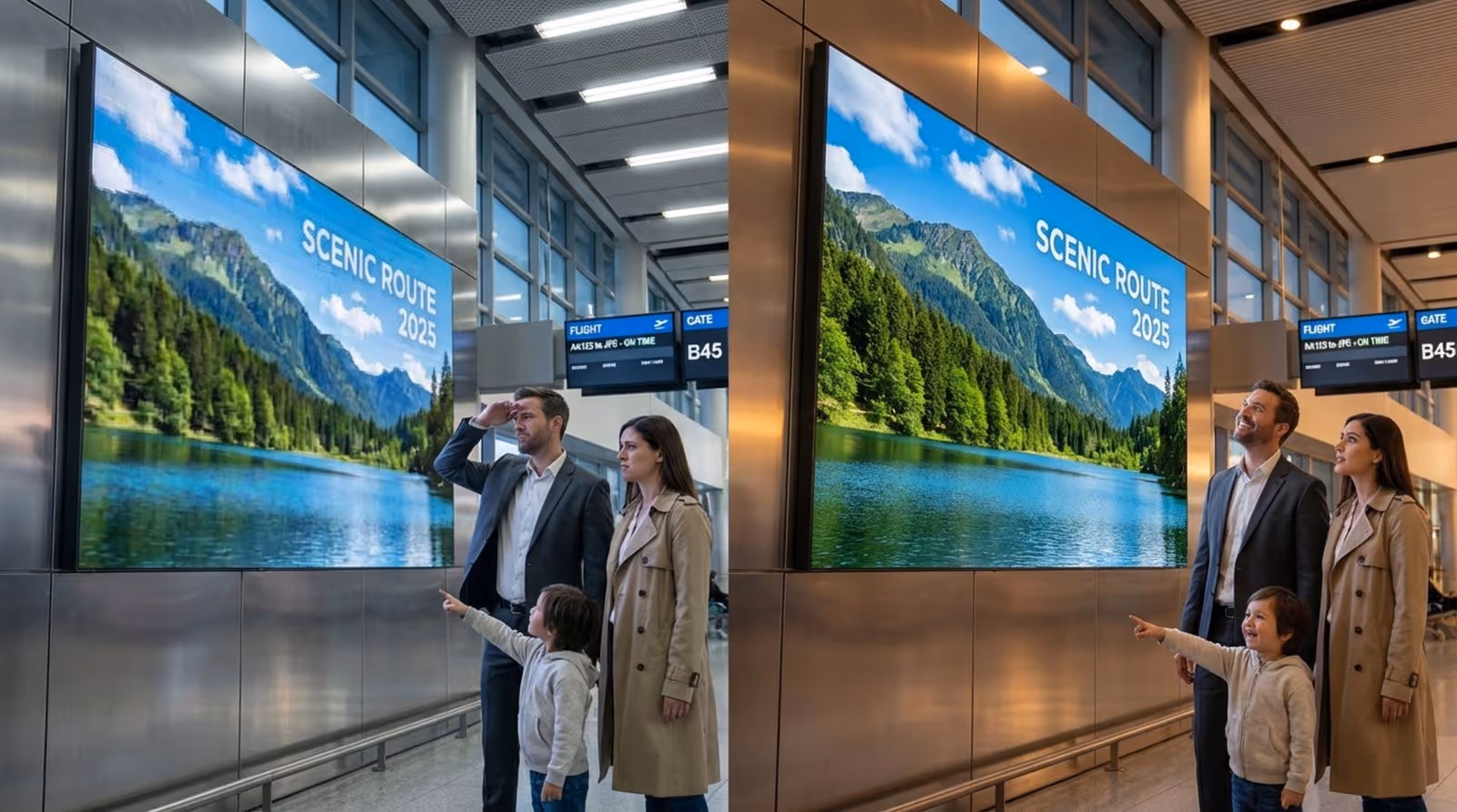 Comparison of pixelated and high-resolution digital billboard in an airport showing the difference in image quality.
