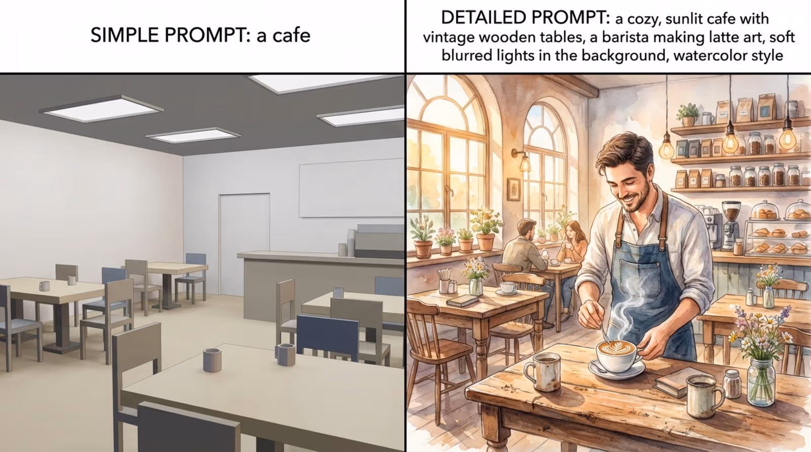 Split-screen illustration showing the difference between simple and detailed AI prompts with a bland cafe on the left and a detailed watercolor cafe on the right.