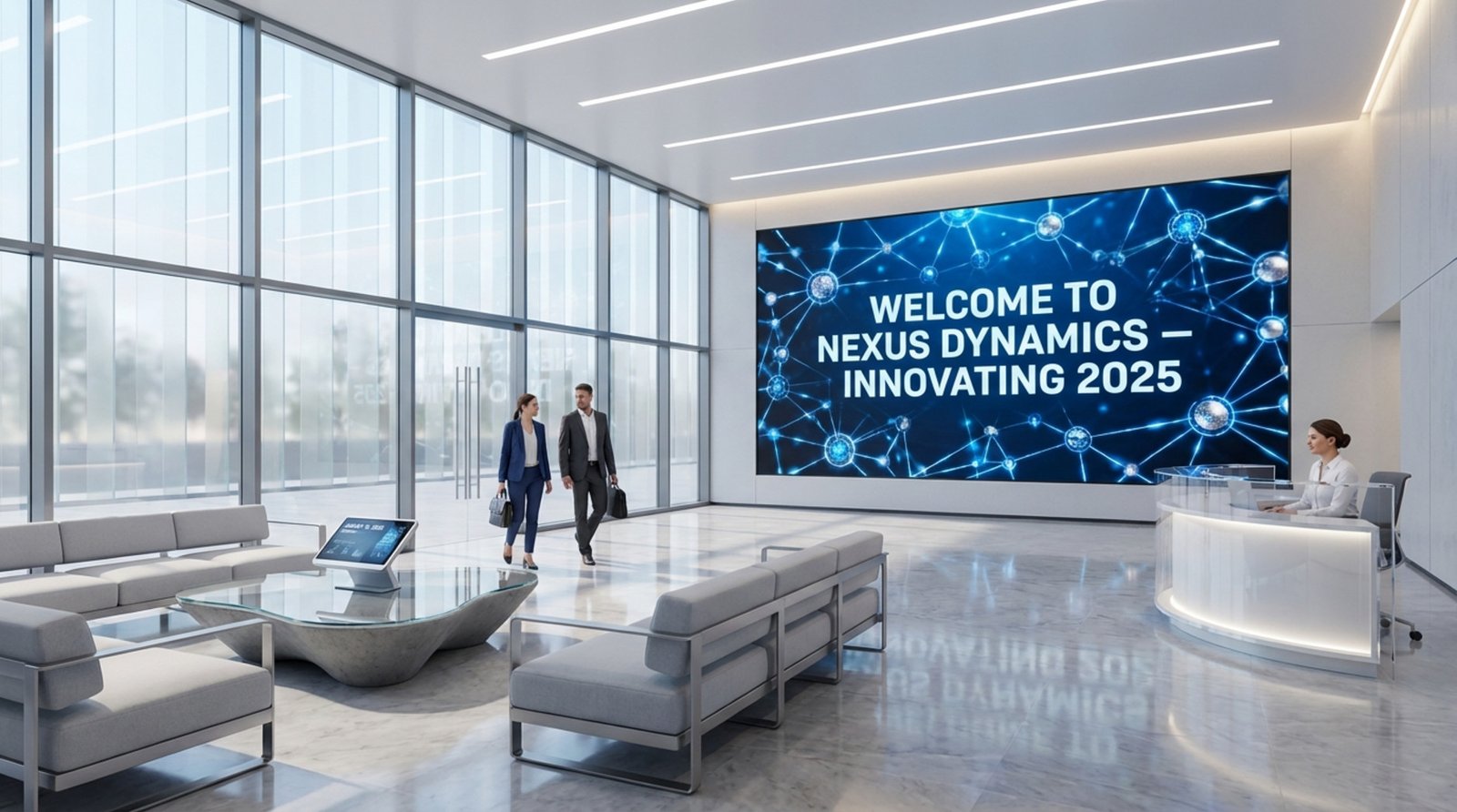 A sleek corporate lobby with a digital screen showing a welcome message and branding, conveying a professional and inviting atmosphere.