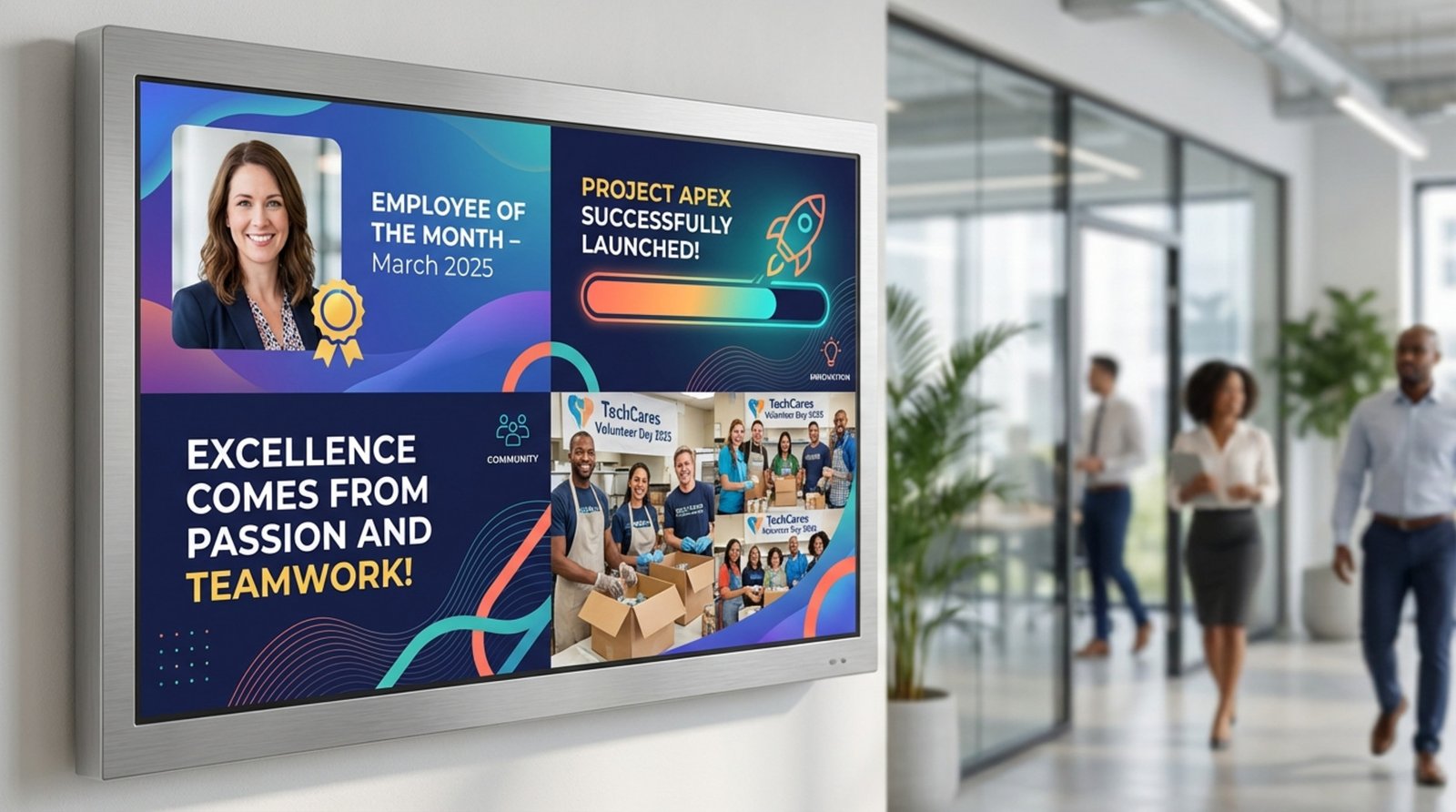A digital signage screen displays colorful collage of employee recognition, project success, and charity event photos in a modern, engaging style.