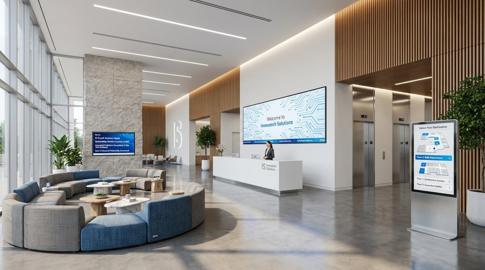 Architectural rendering of a spacious office lobby showing strategic placement of digital screens for different functions.