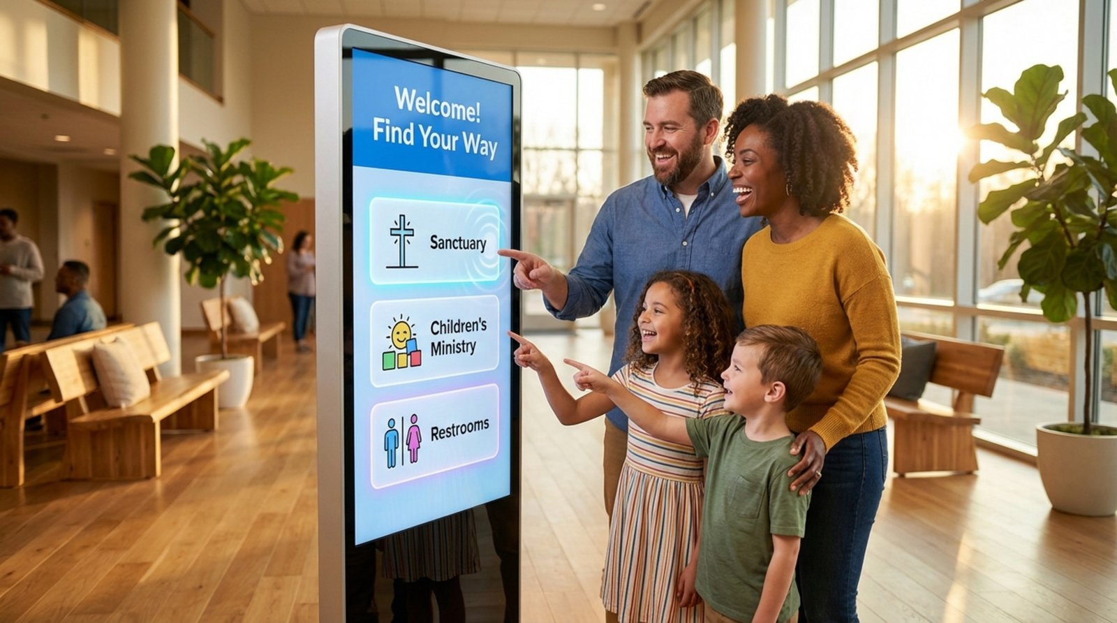 A family uses a digital sign to find church locations in a welcoming lobby with sunlight filtering through windows.