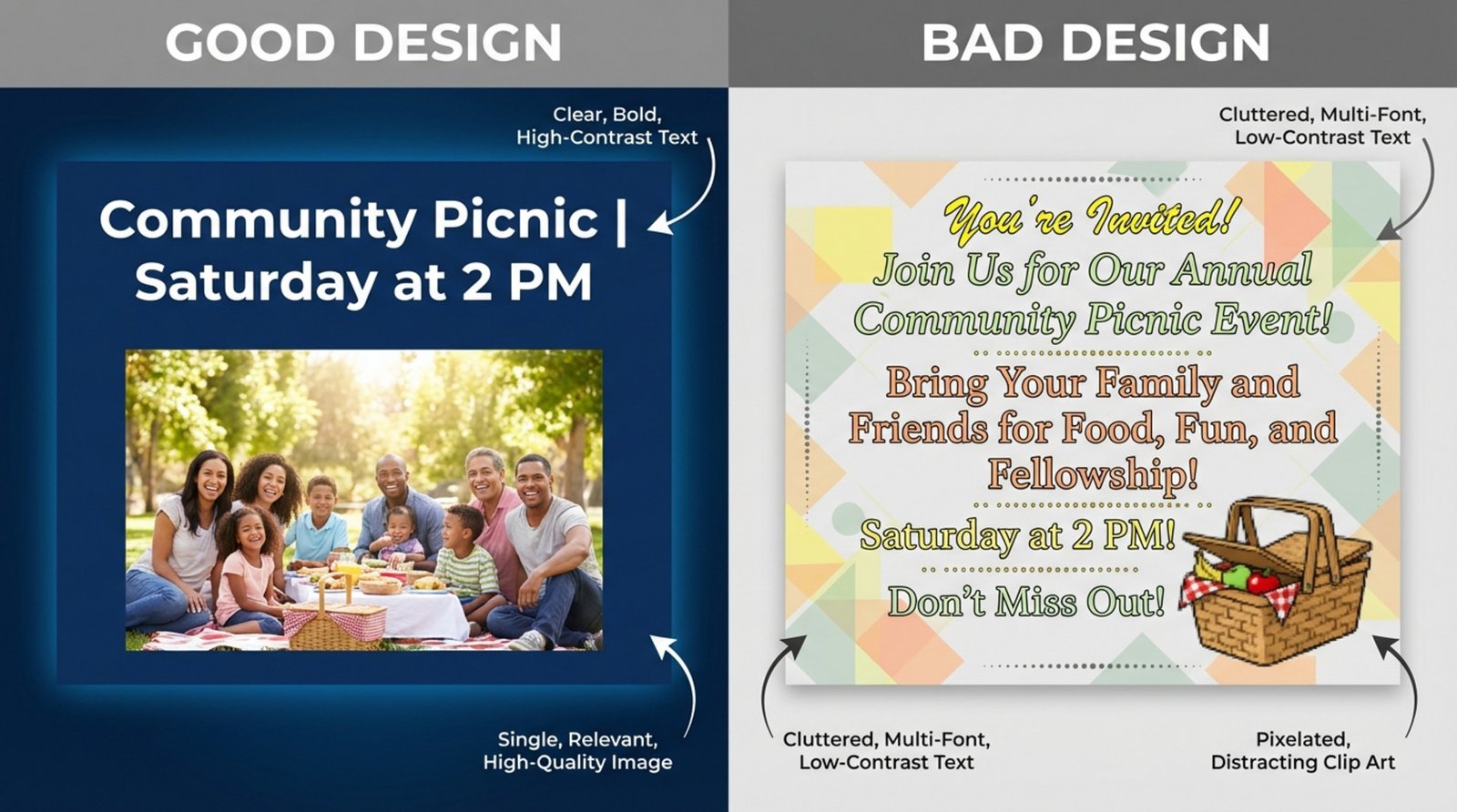 Comparison of two digital signage slides for a church event showing effective and poor design choices