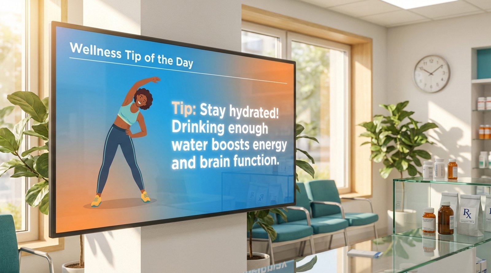 A digital signage screen in a pharmacy displaying a wellness tip with a colorful illustration of a person stretching to promote hydration.