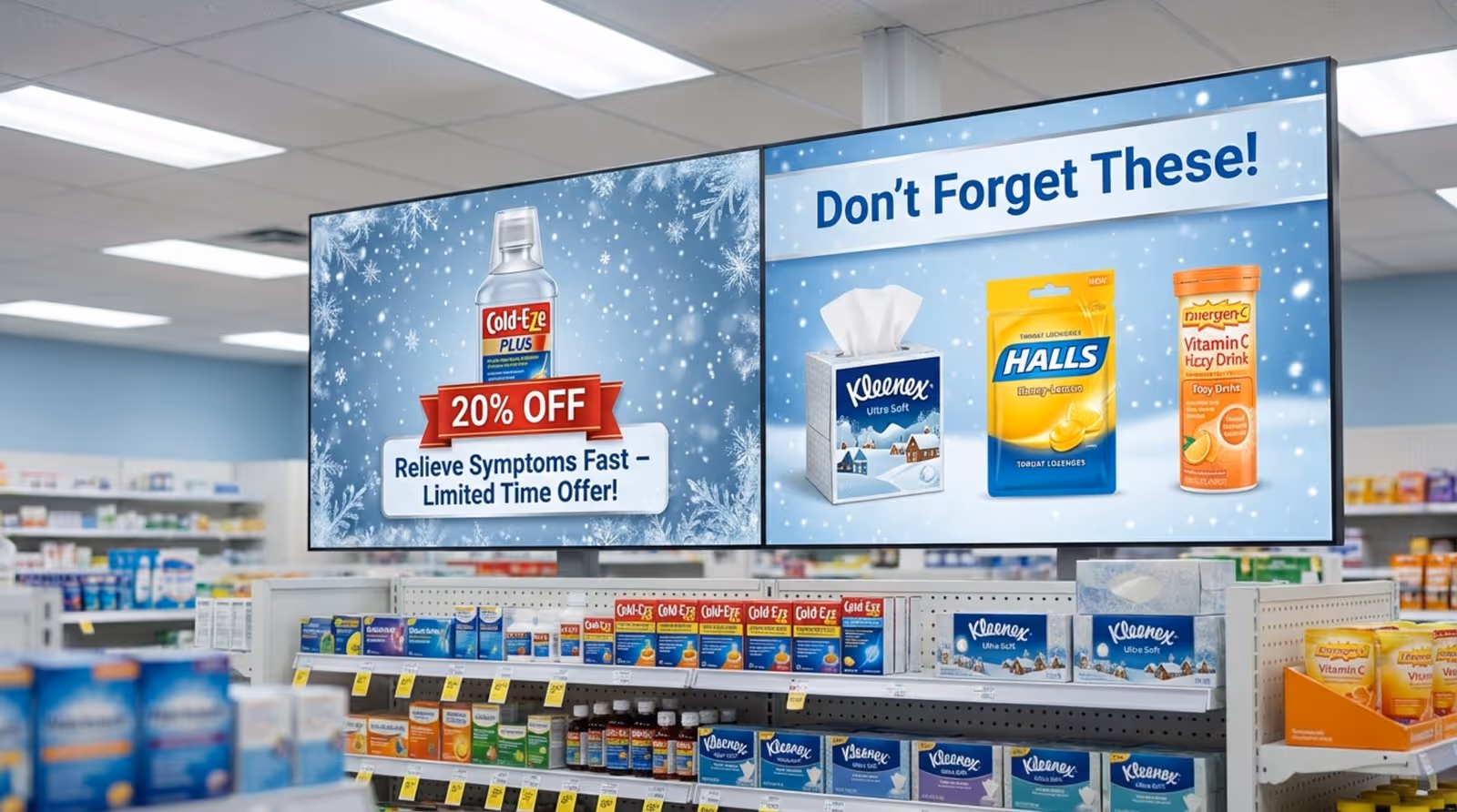 A digital screen in a pharmacy aisle displays a winter-themed promotion for cold remedies and related products to attract shoppers.