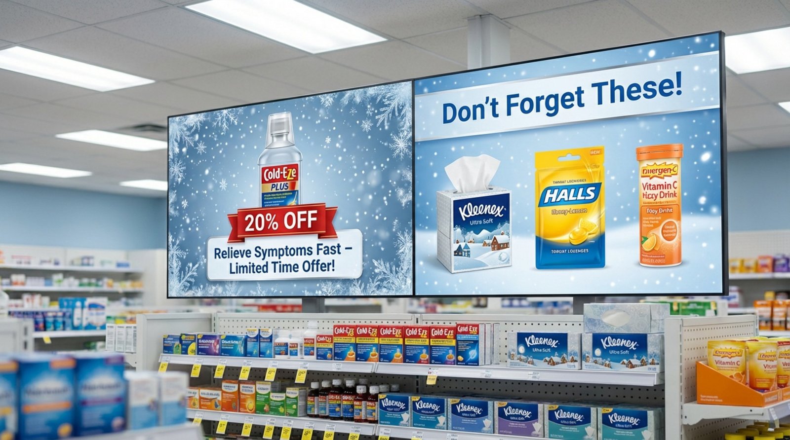 A digital screen in a pharmacy aisle displays a winter-themed promotion for cold remedies and related products to attract shoppers.