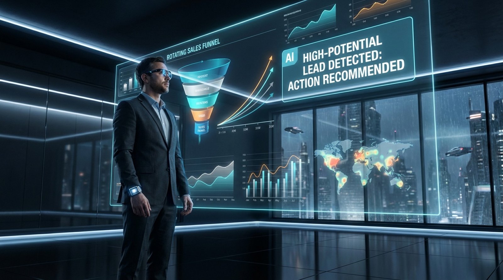 A sales executive interacts with a transparent holographic digital screen displaying AI analytics in a sleek high-tech office.