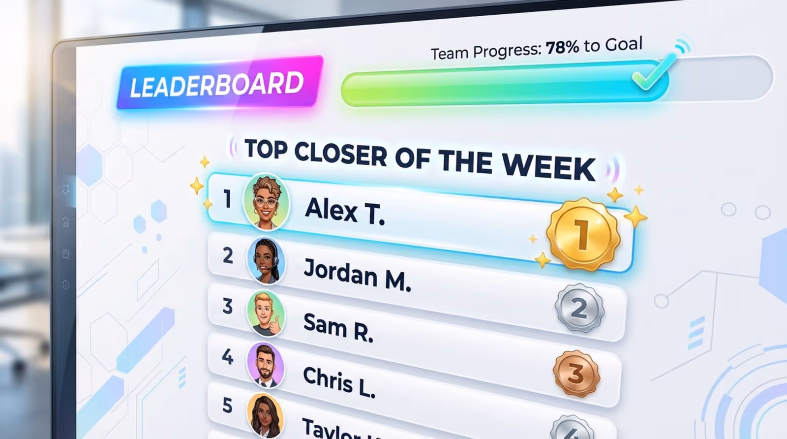 A dynamic graphic illustration of a digital sales board showing top closers and a progress bar indicating 78 percent towards the goal.