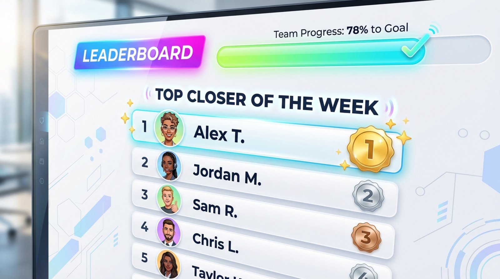 A dynamic graphic illustration of a digital sales board showing top closers and a progress bar indicating 78 percent towards the goal.