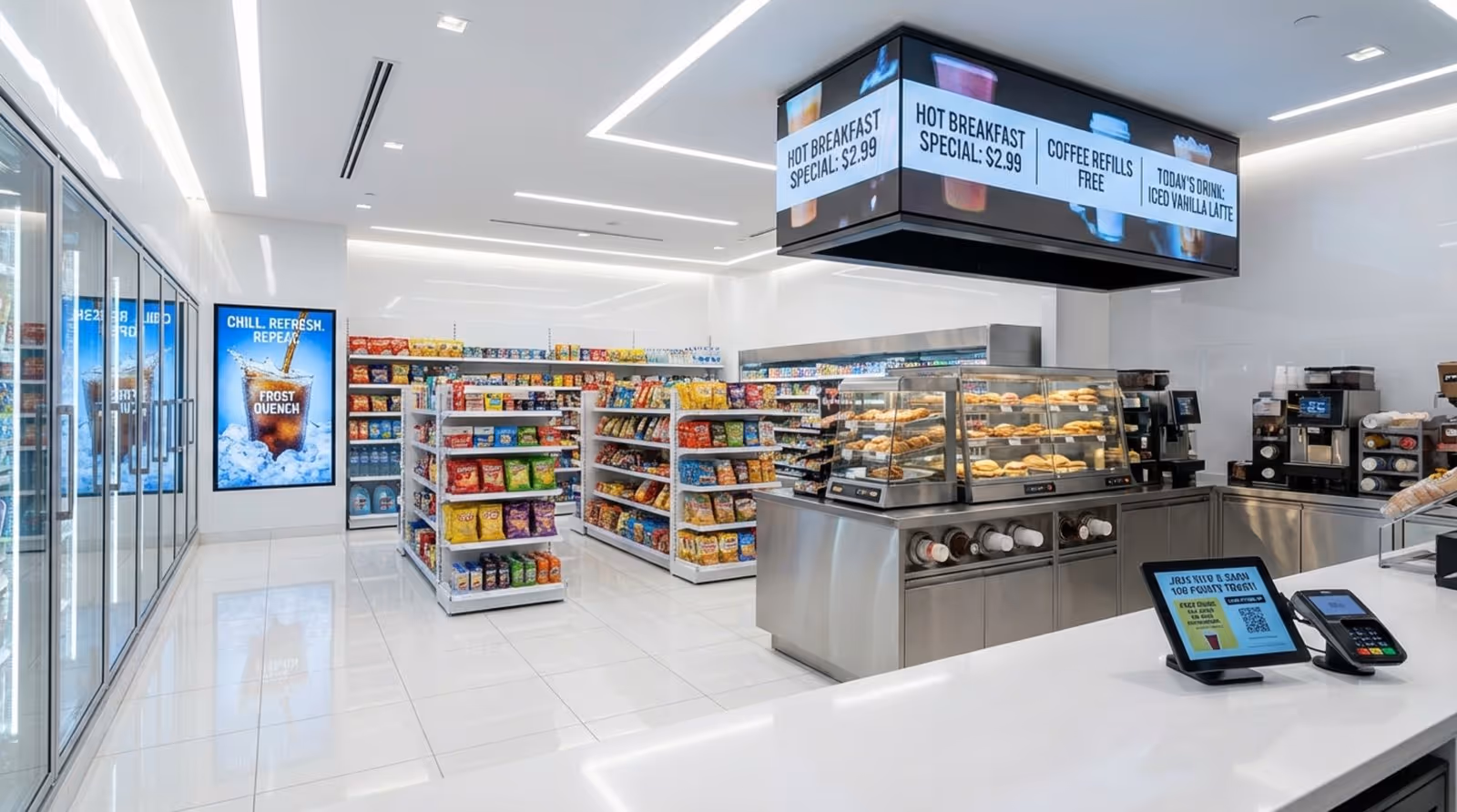 A bright and welcoming convenience store interior with digital screens displaying deals and advertisements.