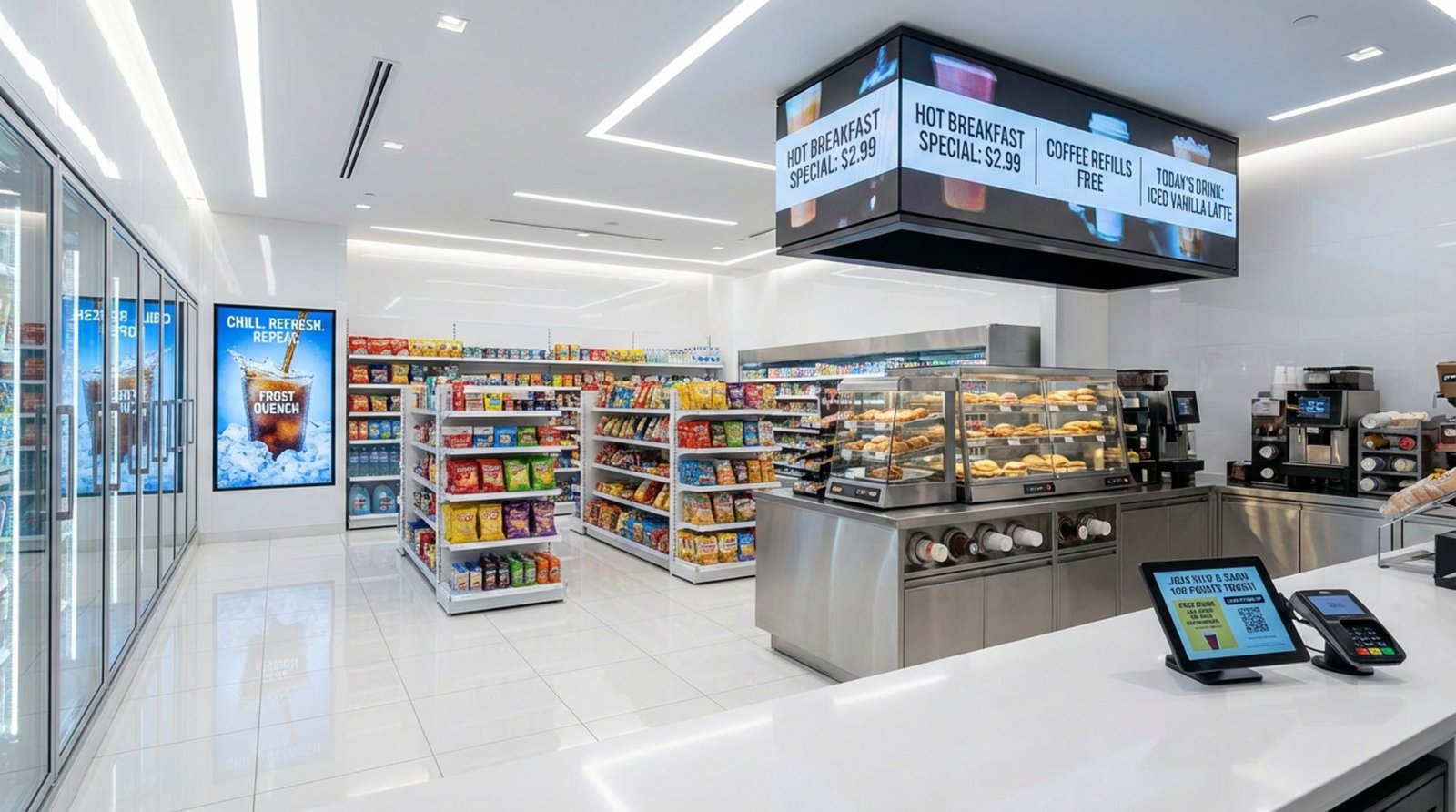 A bright and welcoming convenience store interior with digital screens displaying deals and advertisements.