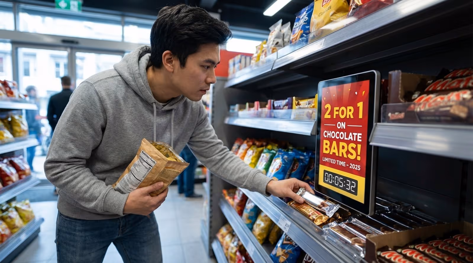Customer interacts with a digital screen advertising a promotion in a convenience store snack aisle.