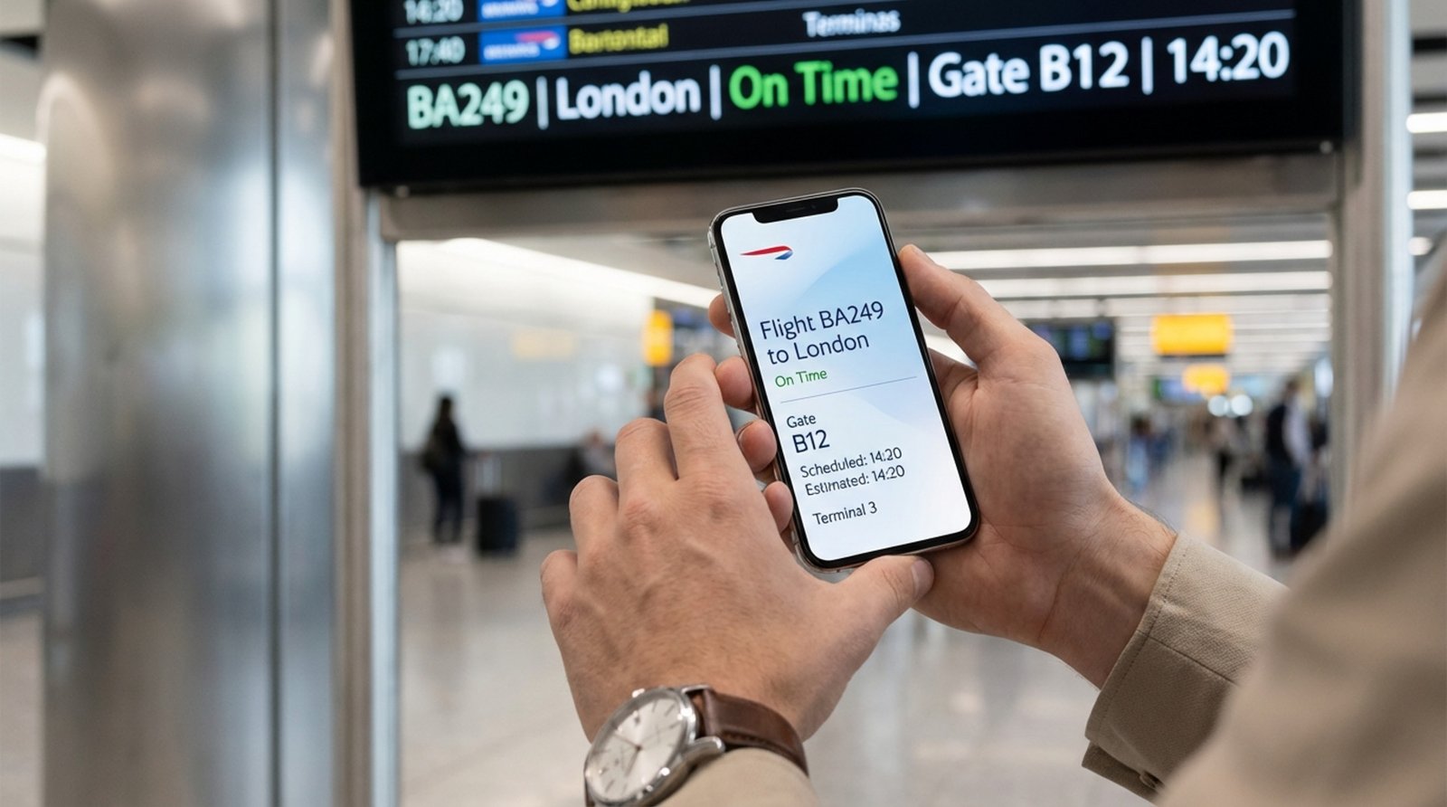 Close-up of hands holding a smartphone displaying flight details at an airport, emphasizing mobile convenience.