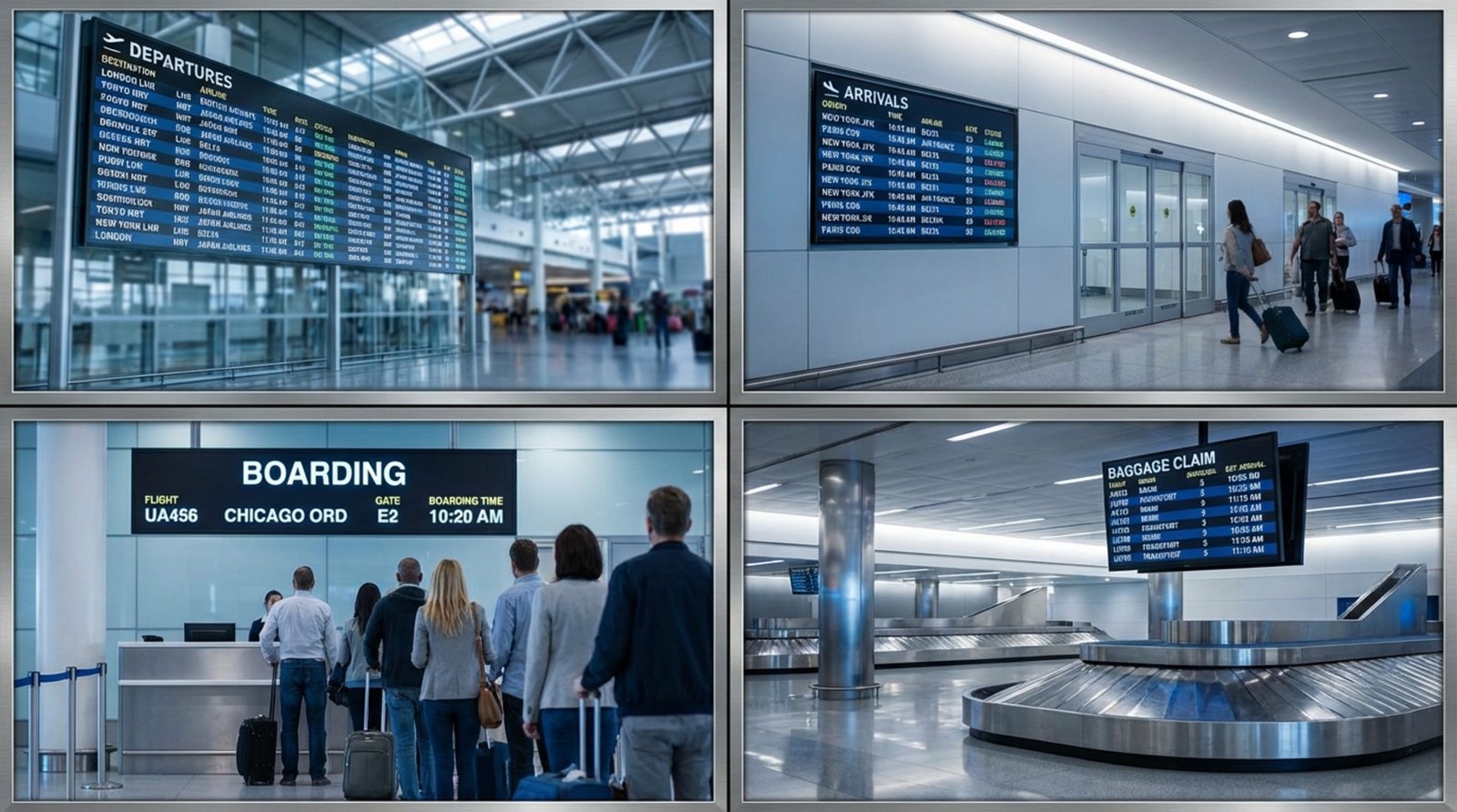 Photorealistic composite image of four airport FIDS displays showing departure, arrival, gate boarding, and baggage claim information.