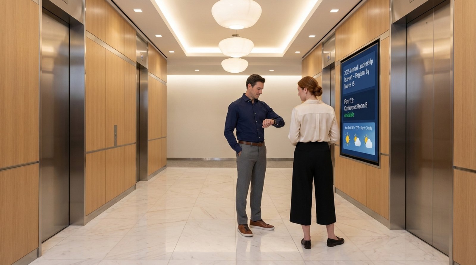 A photorealistic scene of a modern elevator waiting area with professionals looking at a digital display showing building announcements and weather.