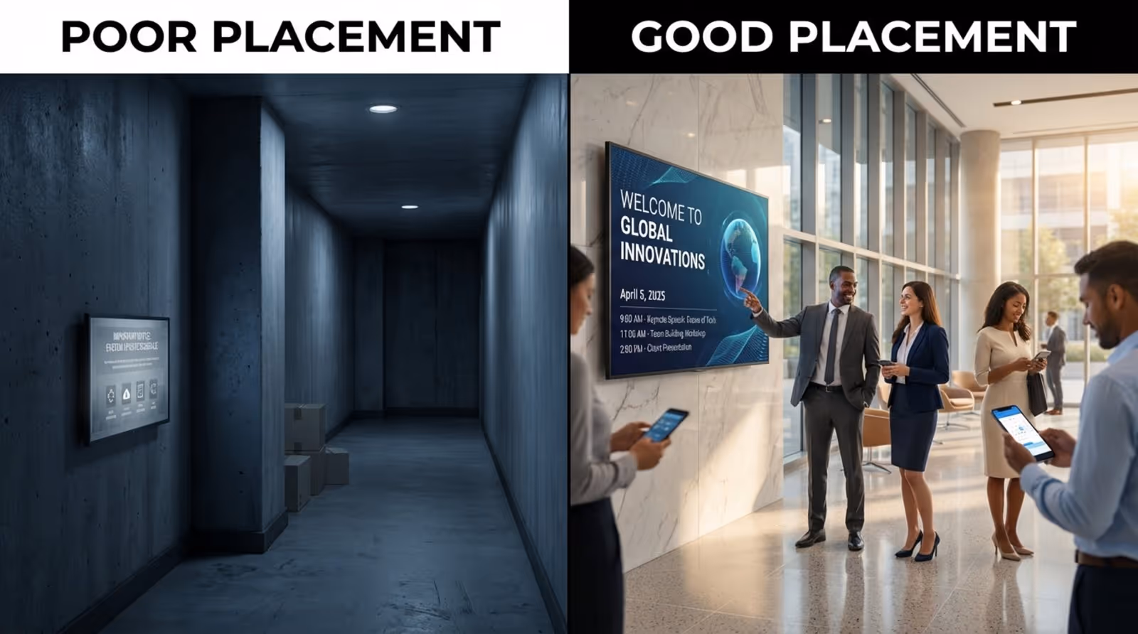 A split-screen image comparing poor and good digital display placement, highlighting visibility and engagement differences in different environments.