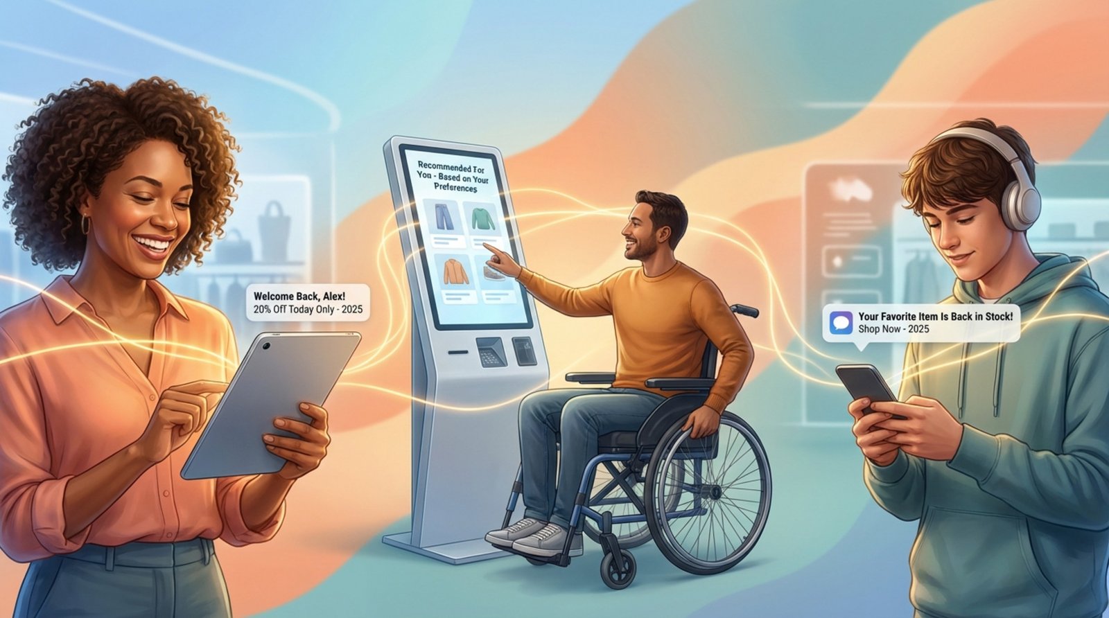 A warm illustration showing happy customers interacting with personalized messages across devices, representing increased engagement and conversion.