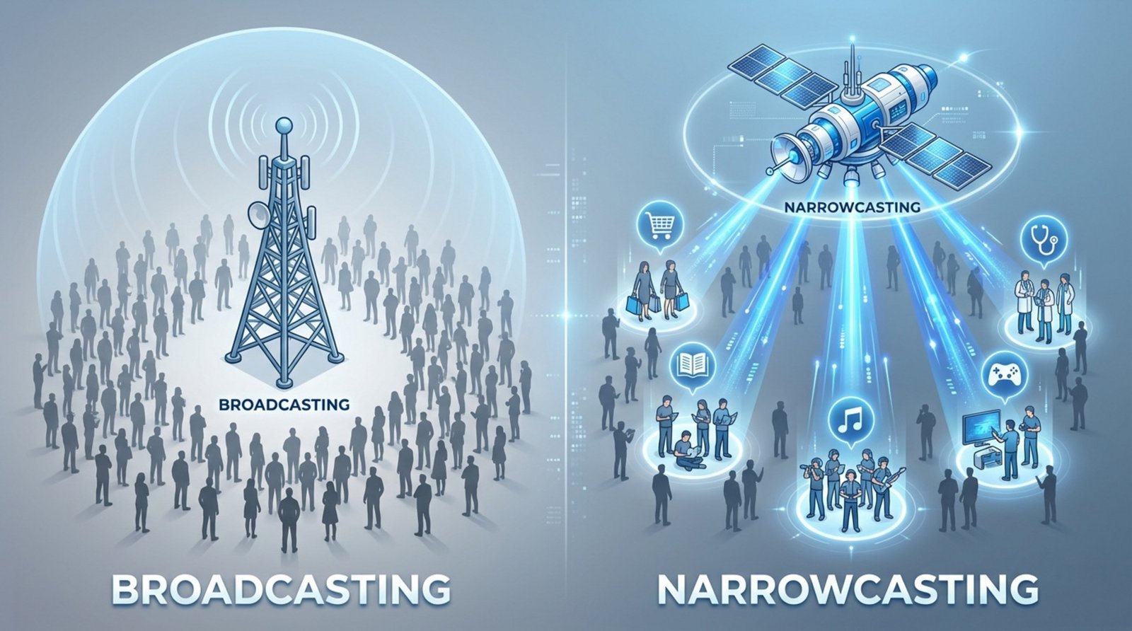 Comparison of broadcasting and narrowcasting with illustrative visuals of a radio tower and satellite targeting specific groups.