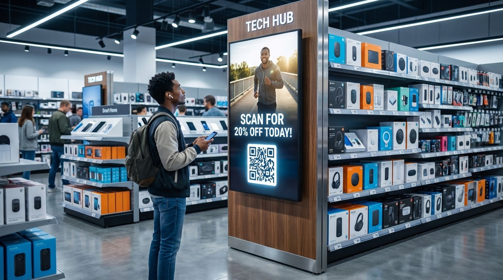 A shopper views a digital signage display in a retail aisle showing a promotional video and QR code, emphasizing in-store advertising technology.