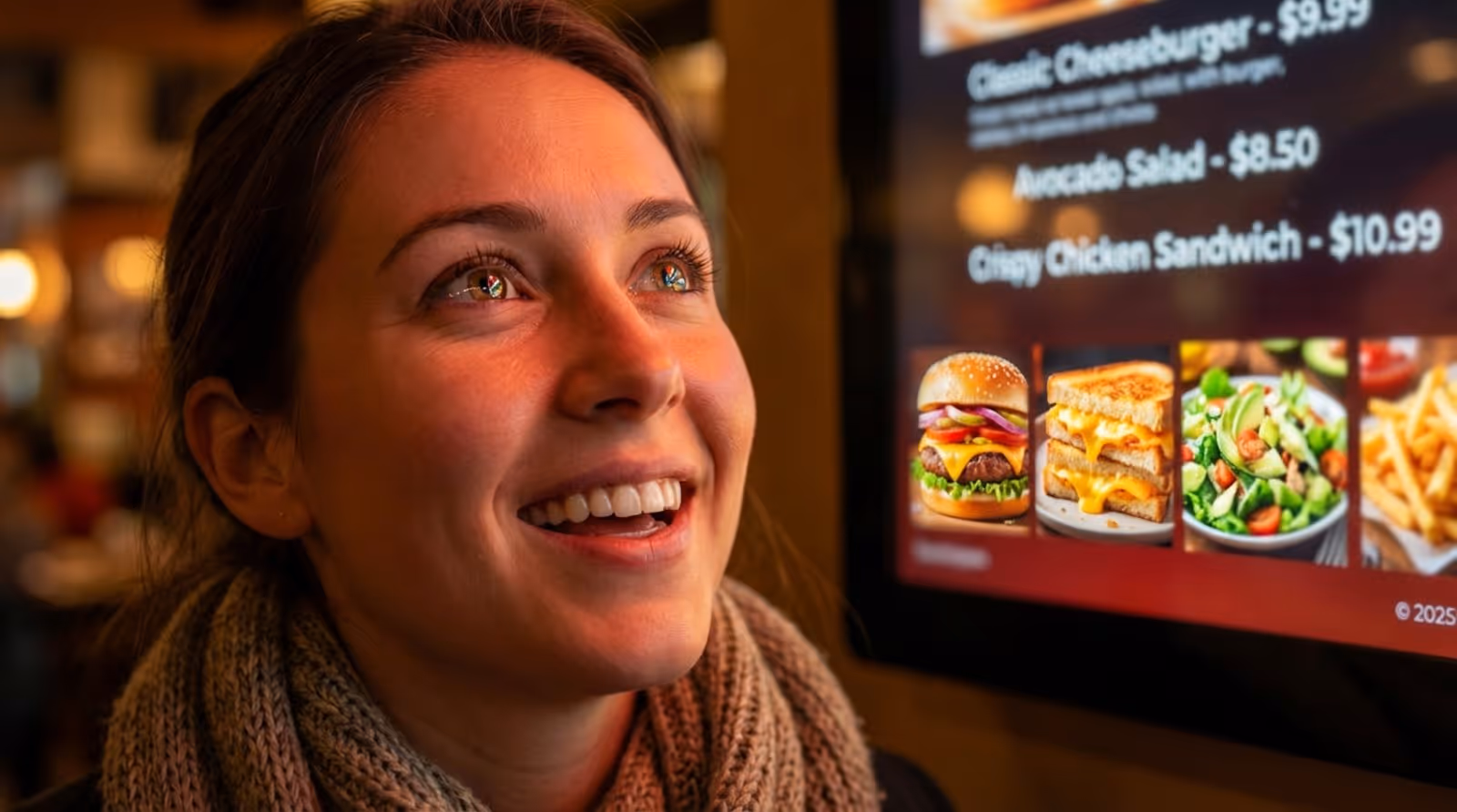 A woman in her late 20s looks up at a digital menu board with delight, illuminated by the screen's glow.
