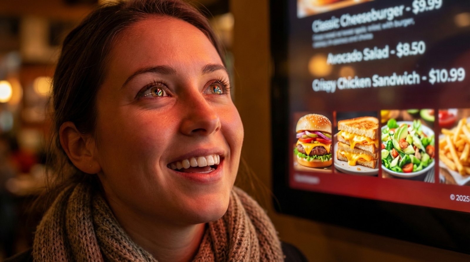 A woman in her late 20s looks up at a digital menu board with delight, illuminated by the screen's glow.