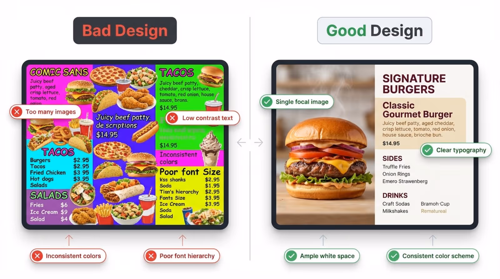 Infographic comparing cluttered and minimalist digital menu board designs highlighting design flaws and strengths.