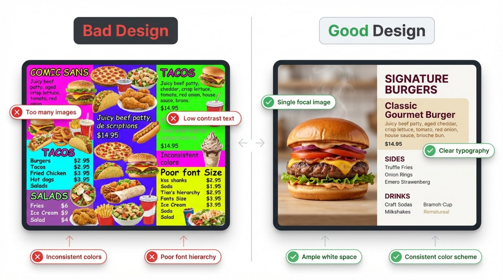 Infographic comparing cluttered and minimalist digital menu board designs highlighting design flaws and strengths.
