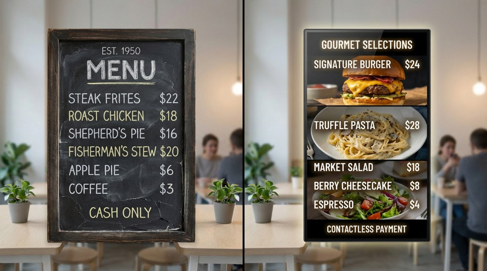 Comparison of traditional chalkboard and modern digital menu boards in a restaurant setting.