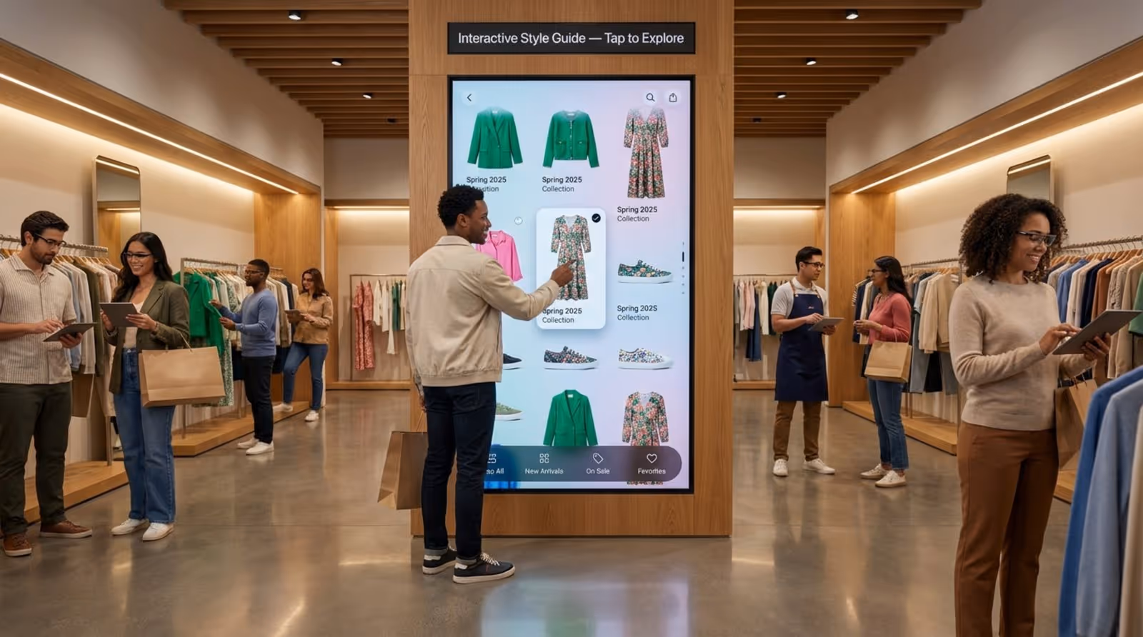 Customer interacts with a large vertical touchscreen displaying a colorful clothing catalog in a bright modern retail store.