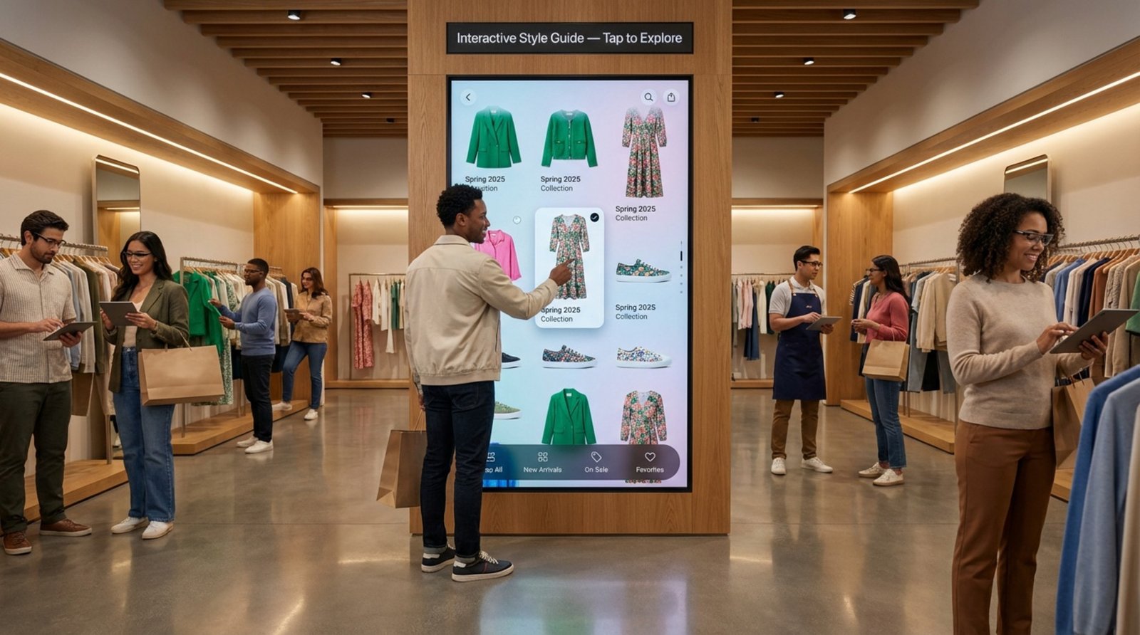Customer interacts with a large vertical touchscreen displaying a colorful clothing catalog in a bright modern retail store.