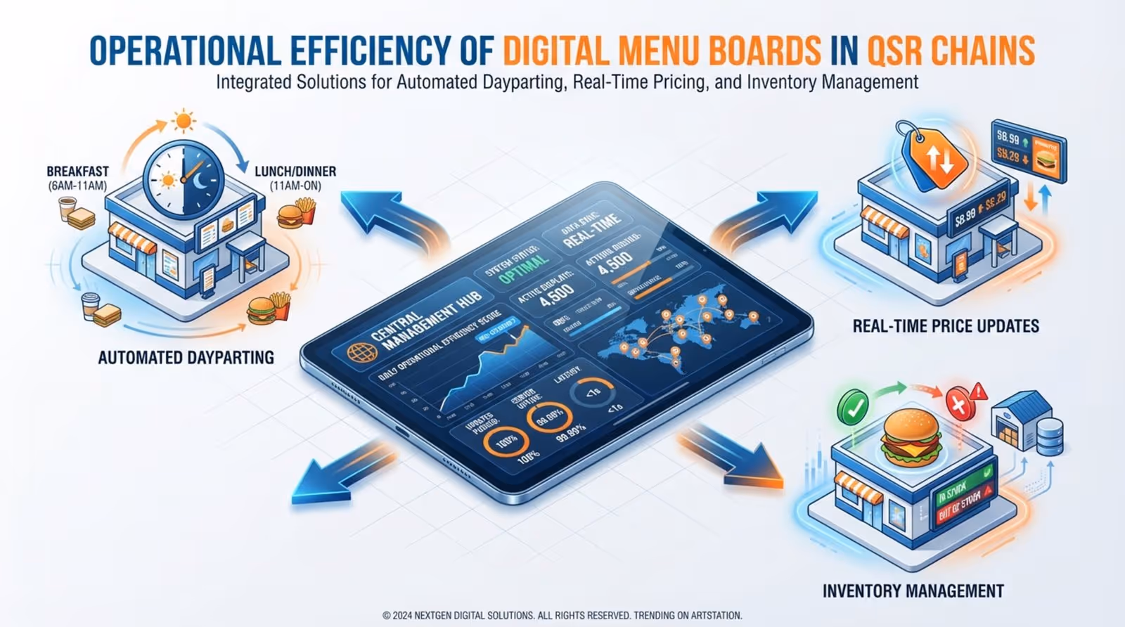 Infographic showing how digital menu boards enhance operational efficiency in a quick service restaurant chain through centralized control and automation.