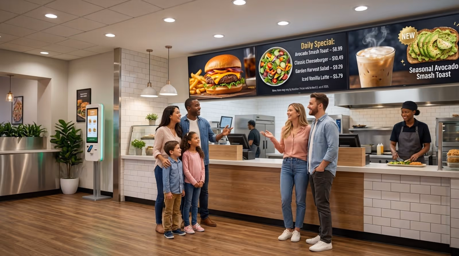 Diverse smiling customers look up at digital menu boards displaying food images in a modern restaurant interior.