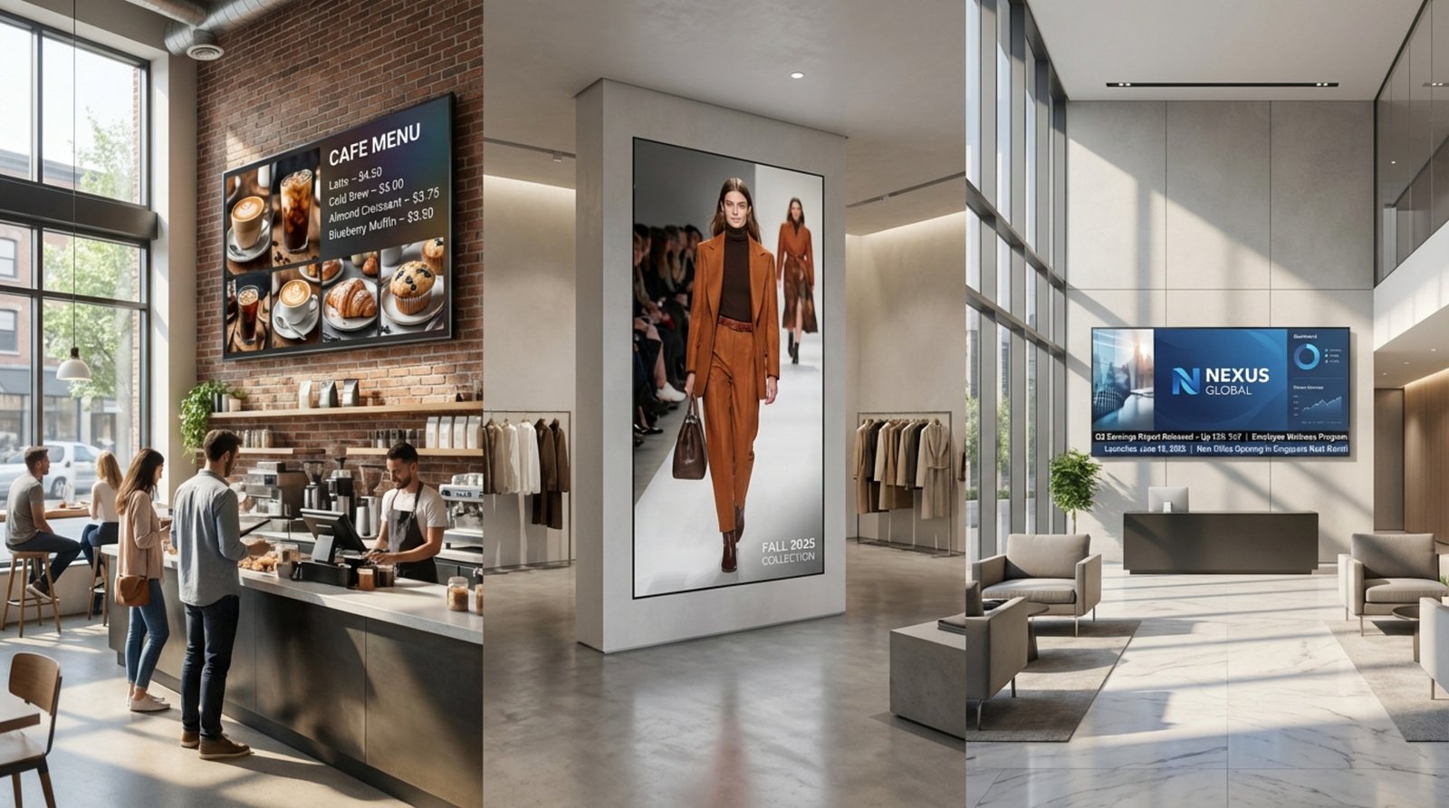 Photorealistic collage illustrating various digital display uses in a cafe, retail store, and office lobby.
