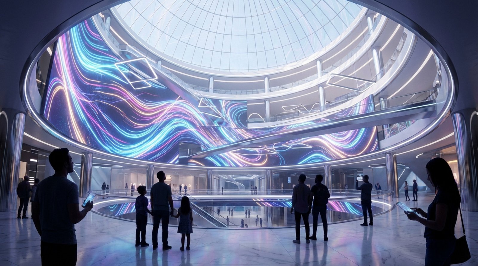 A large video wall displays colorful abstract animations in a modern shopping mall atrium with shoppers admiring the display.