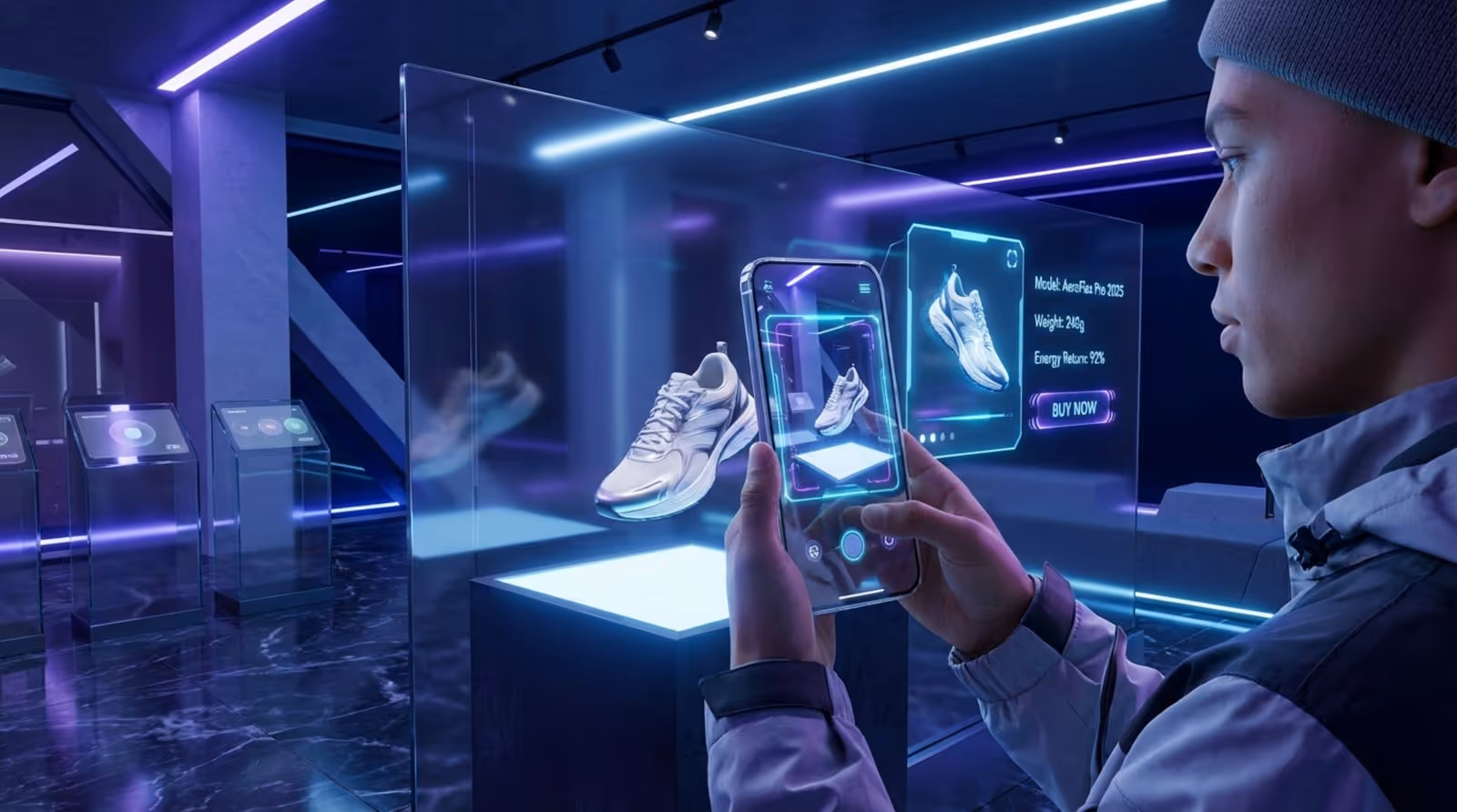 A person uses a smartphone to view an augmented reality overlay of a 3D shoe model in a high-tech retail setting.