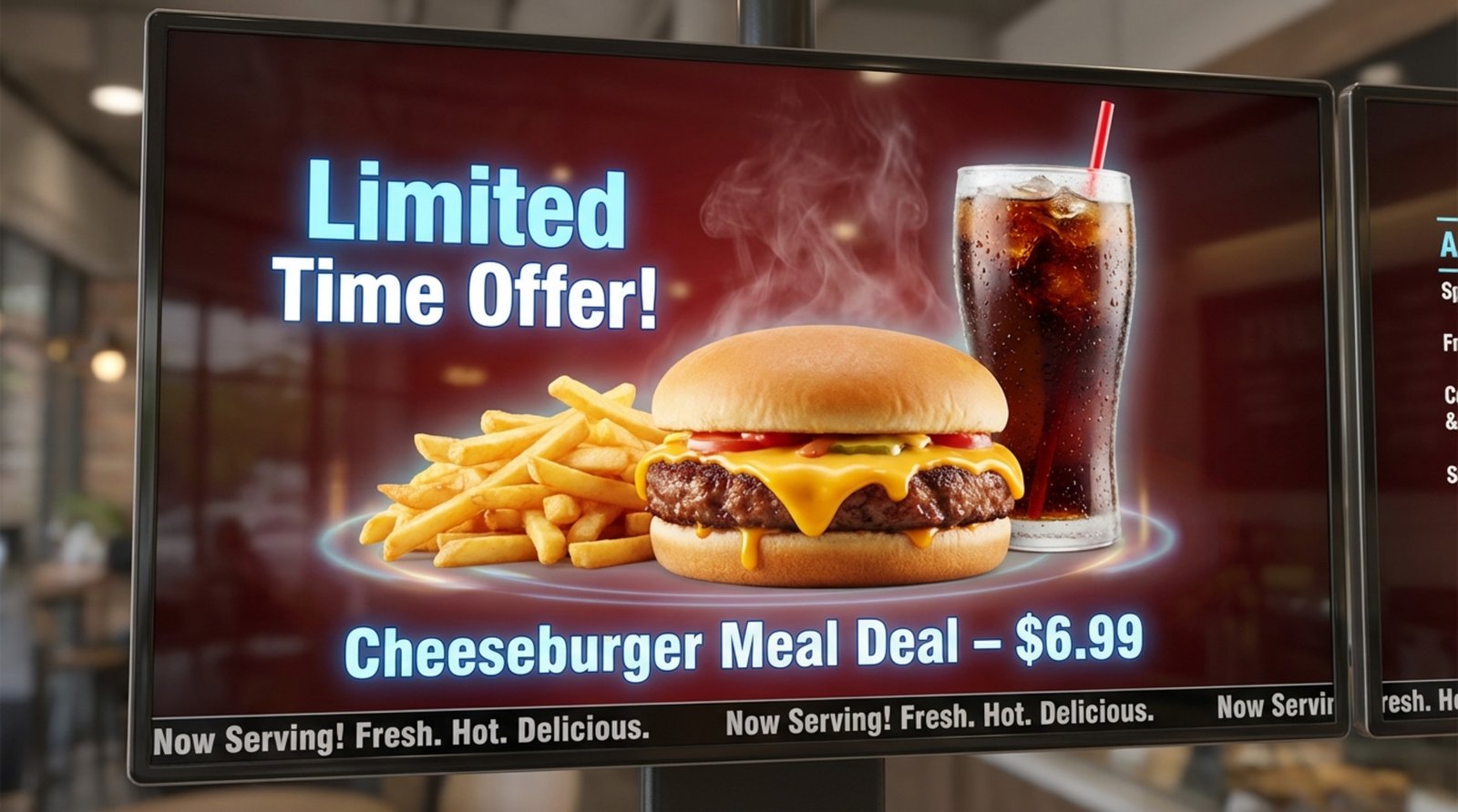 Close-up of a digital menu board showcasing a vibrant animated meal deal with a cheeseburger, fries, and soft drink promoting a limited time offer.