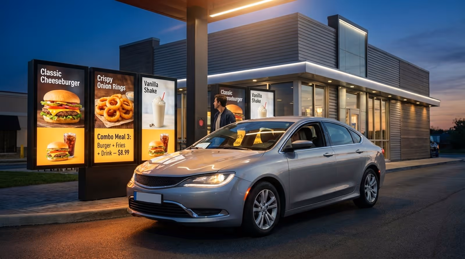 A sleek silver car at a drive-thru lane with bright digital menu boards displaying food photos at dusk.
