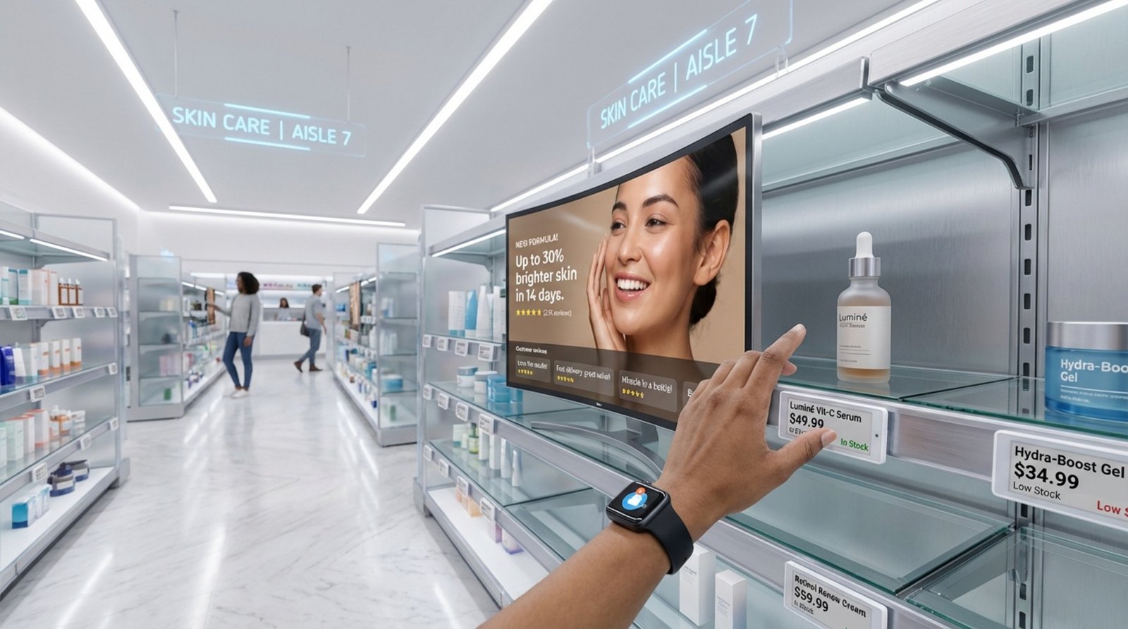 A high-tech retail aisle with digital price tags and a shopper reaching for a product, highlighting the integration of digital displays in shopping environments.