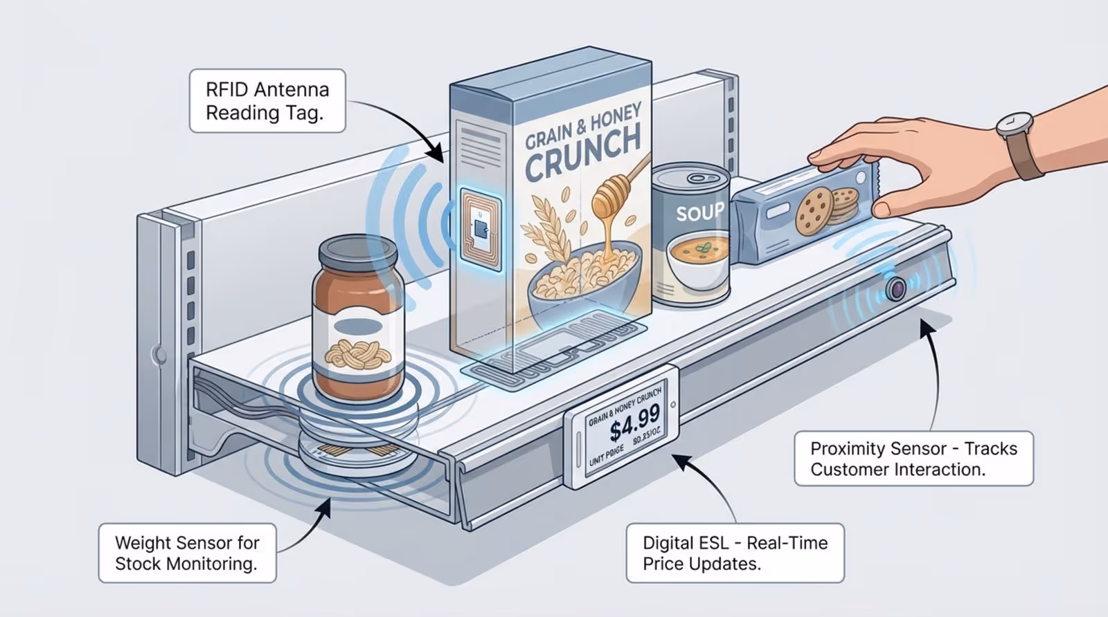 A cross-section of a retail shelf illustrating key smart shelf technologies with labeled icons and components.