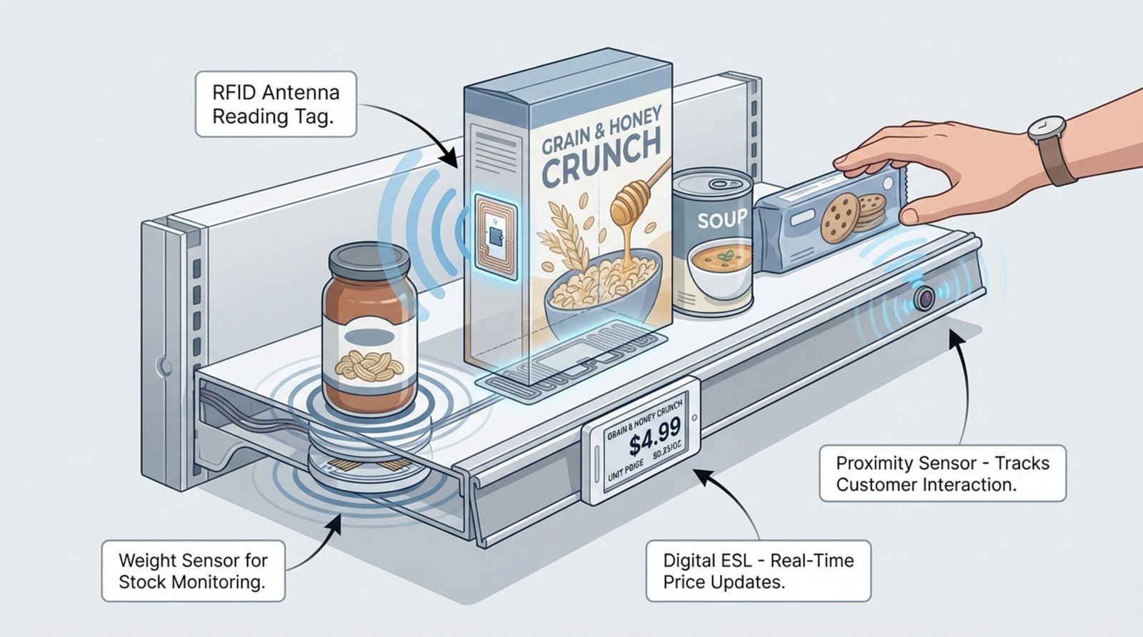 A cross-section of a retail shelf illustrating key smart shelf technologies with labeled icons and components.
