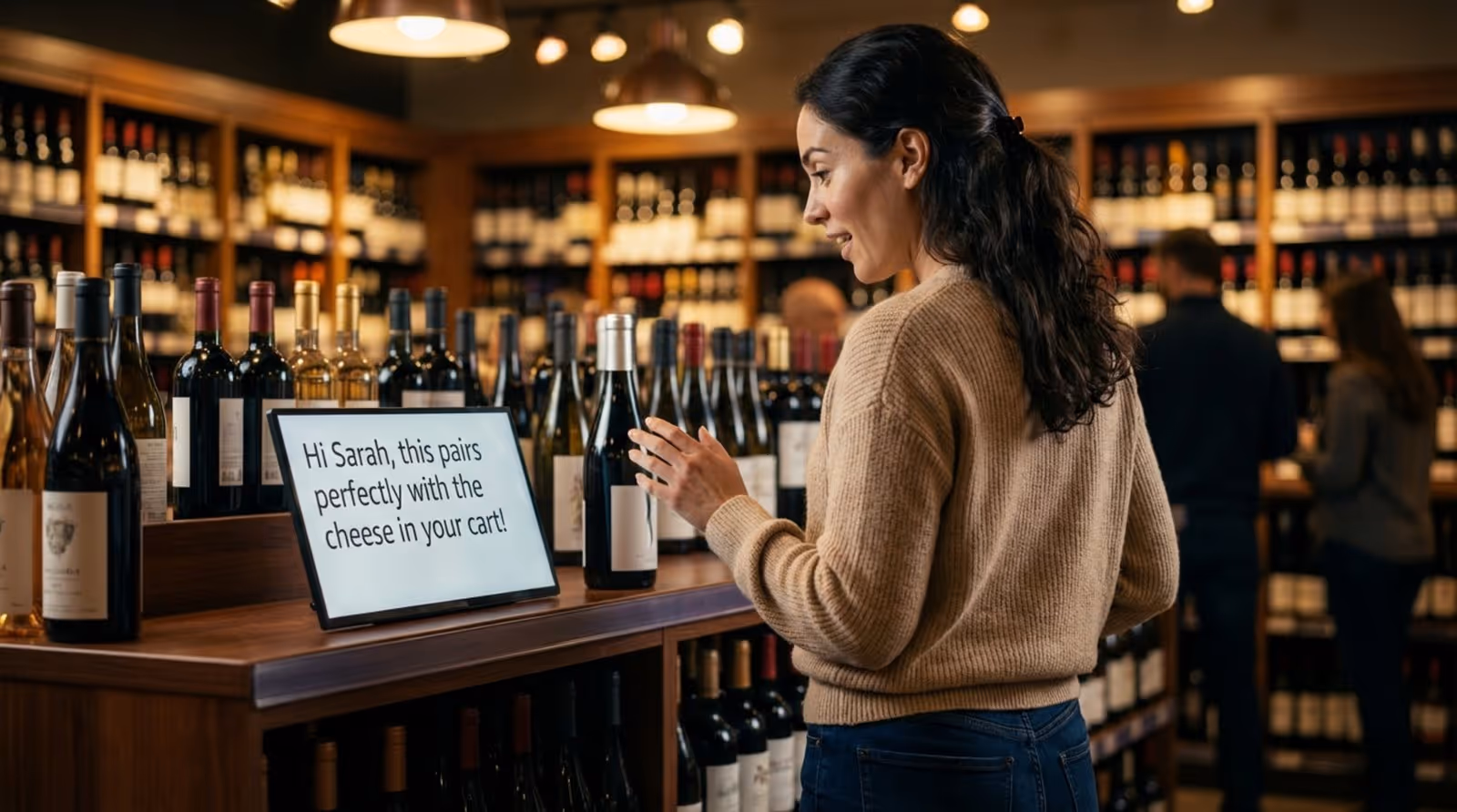A shopper interacts with a smart shelf displaying personalized wine recommendations in a grocery store.