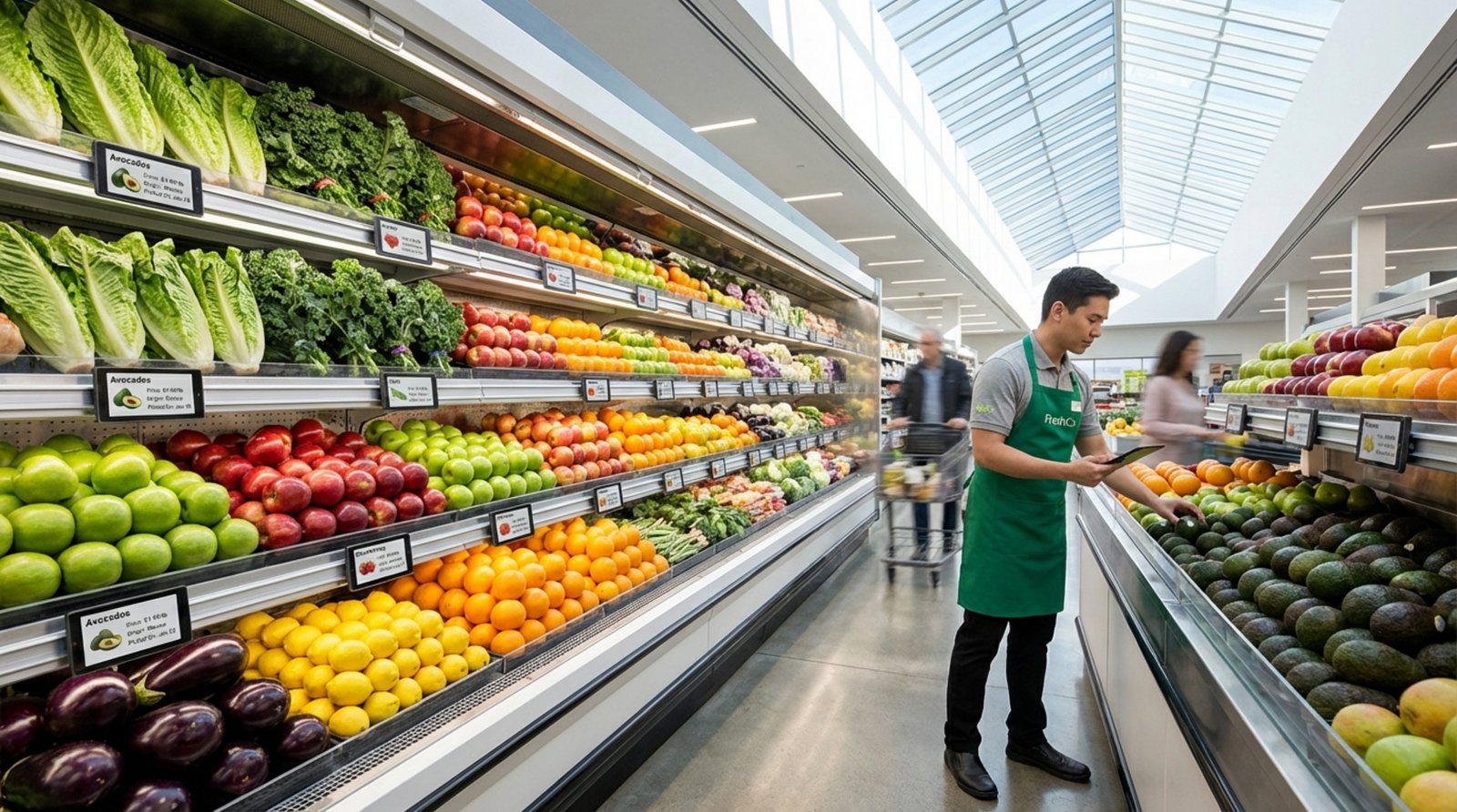 A vibrant supermarket produce section with digital labels and an employee restocking avocados using a tablet.